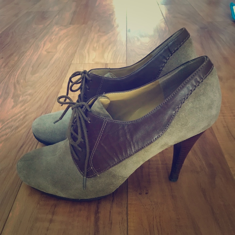 Nine West Lace Up Brown and Taupe Suede Heels